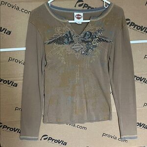 Harley Davidson woman’s size S Brown Long Sleeve Graphic Top